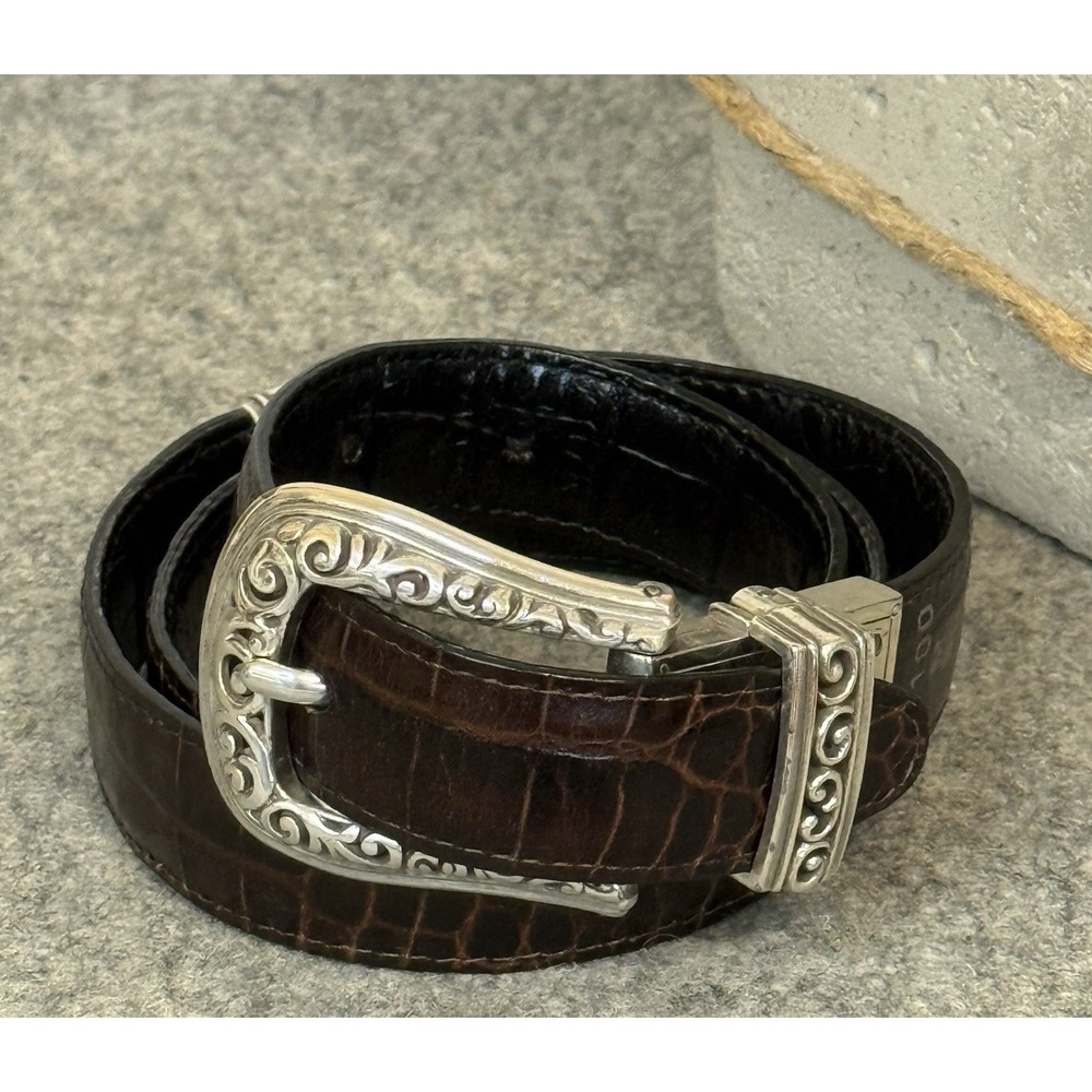 VNTG Brighton Reversible Belt Black/Brown Leather Silver Buckle Sz M30 Alligator
